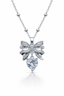 Toptan Gümüş Renk Fiyonk Beyaz Kalp Model Top Zincir Çelik Kolye- 3851