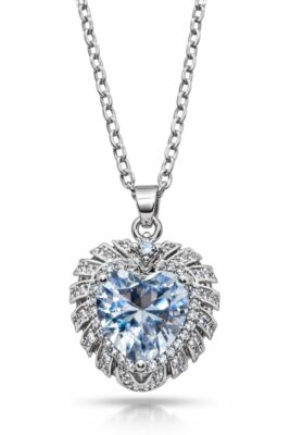 Toptan Gümüş Renk Beyaz Taş Kalp Model Sf Zincir Çelik Kolye - 3853