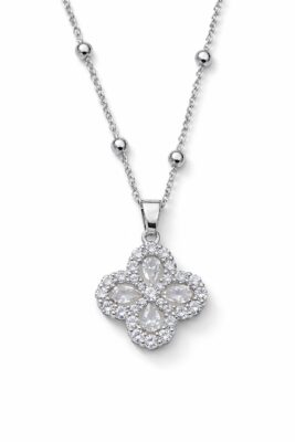 Toptan Gümüş Renk Beyaz Taş Van Cleff Yonca Damla Taşlı Model Top Zincir Çelik Kolye- 3858