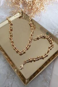 Toptan Kadın 2'li Gold Kaplama Lüx Tiffany Blanca Model Kalın Zincir Kolye Ve Bileklik Seti
