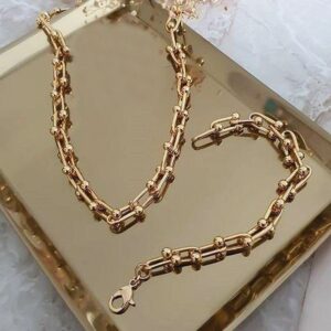 Toptan Kadın 2'li Gold Kaplama Lüx Tiffany Blanca Model Kalın Zincir Kolye Ve Bileklik Seti