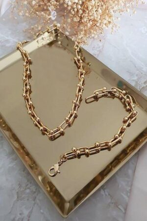 Toptan Kadın 2'li Gold Kaplama Lüx Tiffany Blanca Model Kalın Zincir Kolye Ve Bileklik Seti