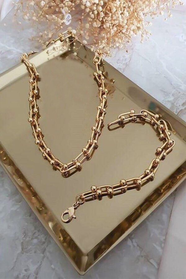 Toptan Kadın 2'li Gold Kaplama Lüx Tiffany Blanca Model Kalın Zincir Kolye Ve Bileklik Seti