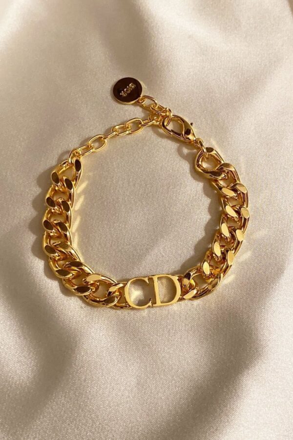 Toptan Kadın Gold Cd Harfli Christian Dior Model Kalın Zincir Bileklik Altın Renk