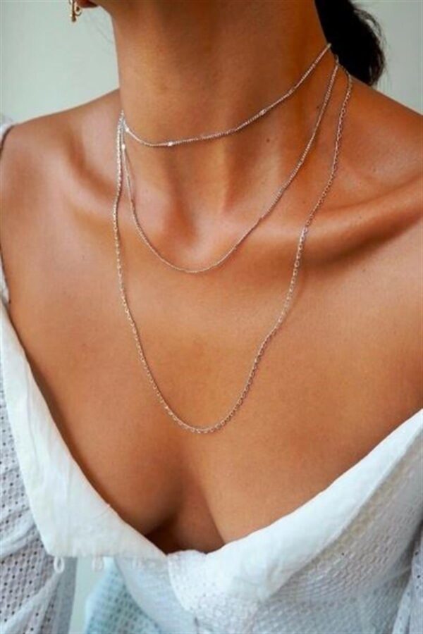 Toptan Kadın Üçlü Şeri Zincir Kolye Silver Katmanlı Kolye Choker Uzun Çoklu Kolye - Görsel 3