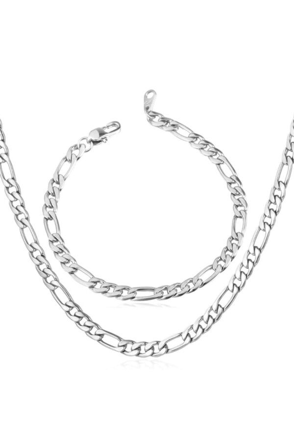 Toptan Unisex Figaro Şavin 3e1 Alaşım Erkek Bileklik Ve Kolye Zincir Set Gümüş Renk - Görsel 2