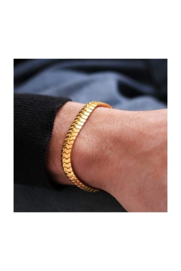 Toptan Unisex Erkek Gold Yassı Tırtıl Birbirine Geçmeli Model Künye Bileklik