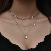 Toptan Moda Takı Gümüş Rengi Gerdanlık Kolye Kadınlar İçin 3 Katlı Yıldız Kilit Ezme Zincir Çok Katlı Kolye