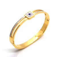 Toptan Altın Renk Çelik Kare Detaylı Taşlı Kelepçe Bileklik 670