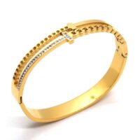 Toptan Altın Renk Çelik Zincir Detaylı Çok Taşlı Kelepçe Bileklik 673