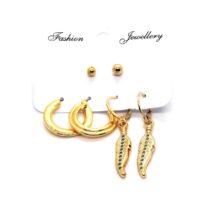 Toptan Altın Renk Halka Yaprak Kombin Küpe 754