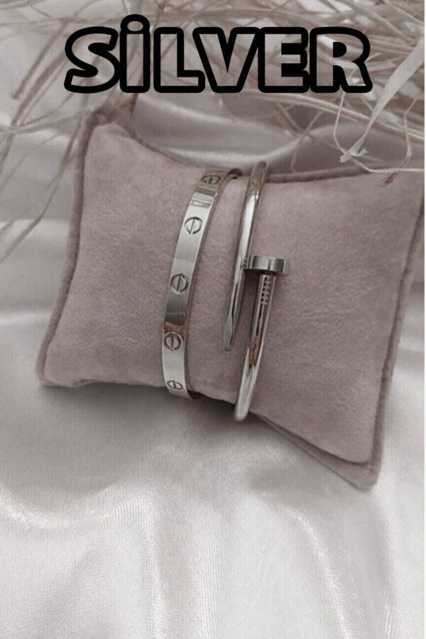Toptan Gümüş Renk Çivi Ve Cartier Bileklik Set 843 - Görsel 2