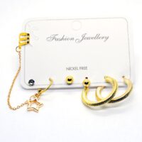 Toptan Altın Renk Kombin Küpe Yıldız Çizgili Halka- 1012