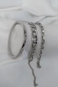 Toptan Gümüş Kaplama Kadın Kombin Bileklik Taşlı Crt - Cadena - Dikdörtgen Model Kombin Bileklik 953