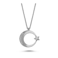 Toptan Gümüş  Kaplama Zirkon Taşlı Ay Yıldız Zarif Kadın Kolye-  1065