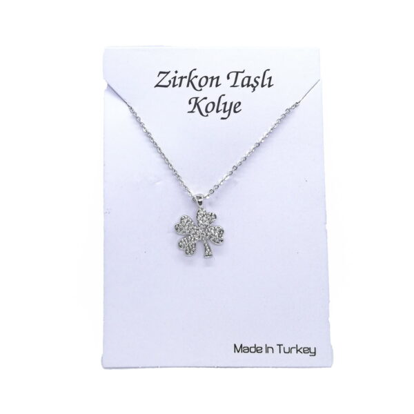 Toptan Gümüş  Renk Zirkon Taşlı Yonca Beyaz Taşlı Kolye - 1134 - Görsel 2