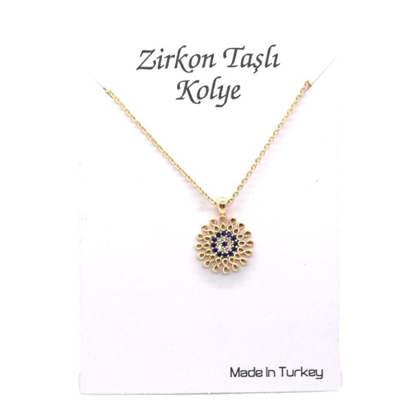Toptan Altın Renk Zirkon Taşlı Yuvarlak Nazar Sonsuzluk Kolye  - 1129 - Görsel 2