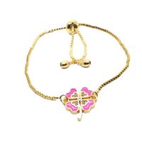 Toptan Altın Renk Pembe Mineli Yonca Zirkon Asansör  Bileklik- 1091