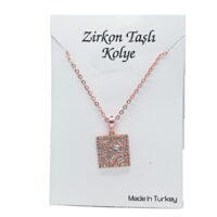 Toptan ROSE  Renk Zirkon Taşlı Kare Baget  Kolye - 1121