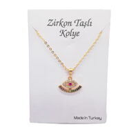 Toptan Altın Renk Zirkon Renkli Göz Kolye  - 1124