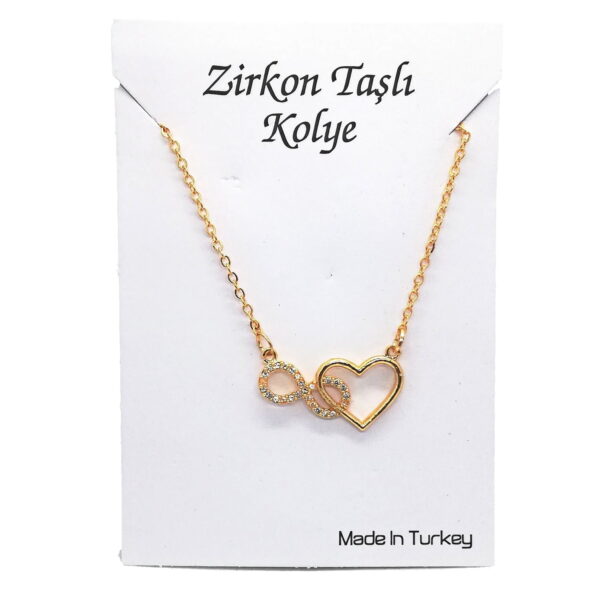 Toptan Altın Renk Zirkon Taşlı Kalp Sonsuzluk  Kolye  - 1119
