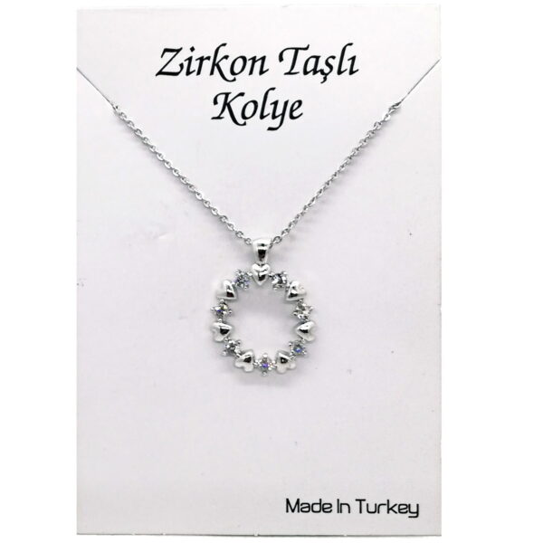 Toptan Gümüş Renk Zirkon Taşlı Yuvarlak Kalp Çelenk Beyaz Taşlı Kolye 940 - Görsel 5