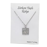 Toptan Gümüş Renk Zirkon Taşlı Kare Baget  Kolye - 1120