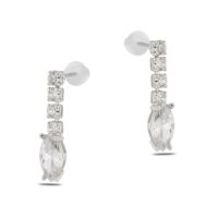 Toptan Gümüş Renk Şerit Sallantılı Çivili Zirkon Küpe - 1330