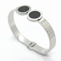Toptan Gümüş Renk Çelik Siyah Mineli  Kelepçe Bileklik - 1466