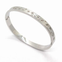 Toptan Gümüş Renk Çelik Yıldız Taşlı Kelepçe Bileklik - 1470