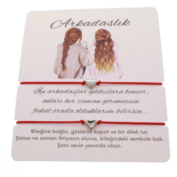 Toptan Gümüş Renk Kırmızı İp Kalp Arkadaş  Bilekliği - 1606