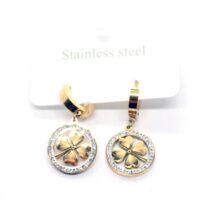 Toptan Altın Renk Çelik Yuvarlak Yonca Taşlı Küpe - 1479