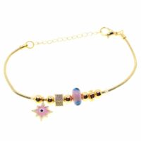 Toptan Altın Renk Pembe Mineli Güneş Motif  Zirkon Taşlı Pandora Bileklik - 1806