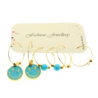 Toptan Altın Renk Turkuaz Mineli Gülen Surat Kombin Küpe - 1947