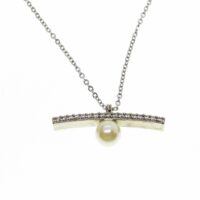 Toptan Gümüş Renk Zirkon Taşlı  Çubuk İncili Kolye - 1886