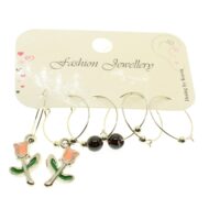 Toptan Gümüş Renk Pembe Yeşil Mineli Gül Kombin Küpe - 1957