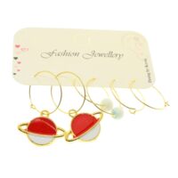 Toptan Altın Renk Kırmızı Beyaz Mineli Gezegen Satürn Kombin Küpe - 1942