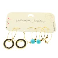 Toptan Altın Renk Siyah Mineli  Yuvarlak Kombin Küpe - 1938