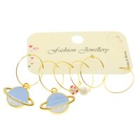 Toptan Altın Renk Mavi Beyaz Mineli Gezegen Satürn Kombin Küpe - 1943