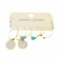 Toptan Altın Renk Beyaz Mineli Gülen Surat Kombin Küpe - 1946