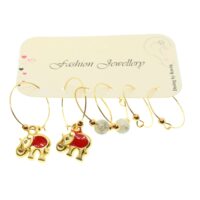 Toptan Altın Renk Kırmızı Mineli Fil Kombin Küpe - 1945