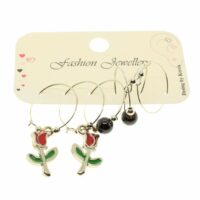 Toptan Gümüş Renk Kırmızı Yeşil Mineli Gül Kombin Küpe - 1956