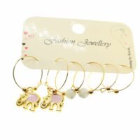 Toptan Altın Renk Pembe Mineli Fil Kombin Küpe - 1944