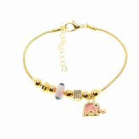 Toptan Altın Renk Pembe Mineli  Fil Motif  Zirkon Taşlı Pandora Bileklik - 2098