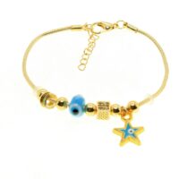 Toptan Altın Renk Turkuaz Mineli Yıldız  Motif  Zirkon Taşlı Pandora Bileklik - 2093