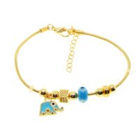 Toptan Altın Renk Turkuaz Mineli Fil Motif  Zirkon Taşlı Pandora Bileklik - 2096