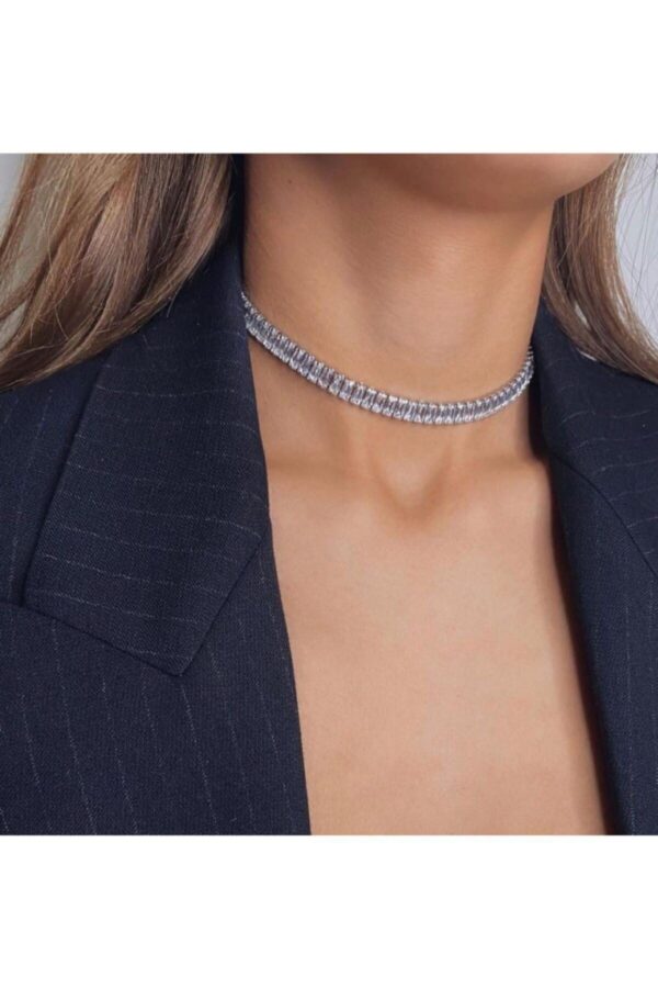 Toptan Gümüş Renk Zirkon Baget Taşlı Choker Kolye - 2115 - Görsel 2