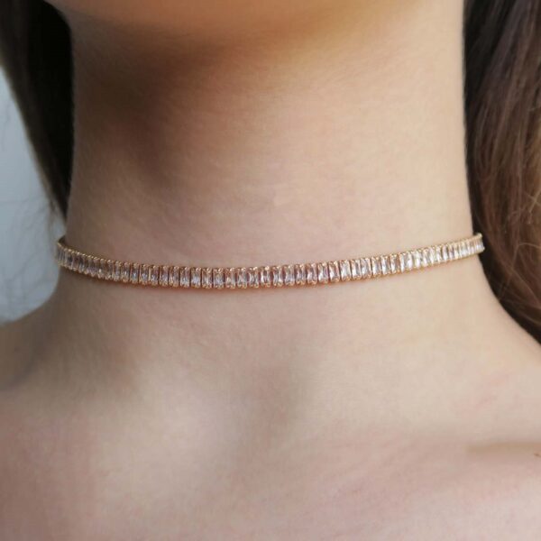 Toptan Altın Renk Zirkon Baget Taşlı Choker Kolye - 2114