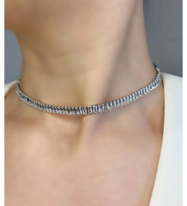 Toptan Gümüş Renk Zirkon Baget Taşlı Choker Kolye - 2115