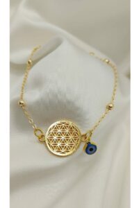 Toptan Altın Renk Nazar Boncuğu Sarkıntılı Yaşam Çiçeği Bileklik - 2167